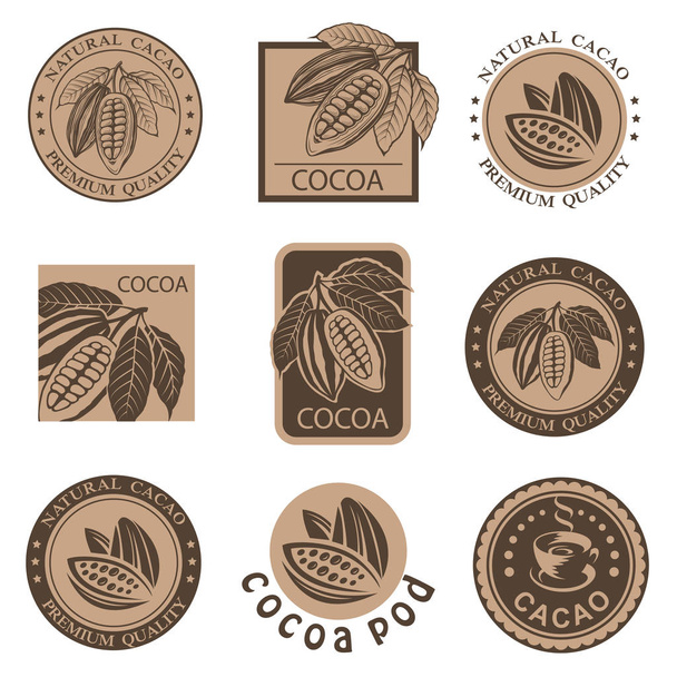 collection of labels with cocoa beans and leaves - Вектор, зображення