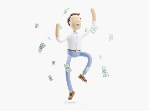 Ilustración 3d. El hombre de negocios Jimmy es feliz bajo la lluvia de dinero
 - Foto, imagen
