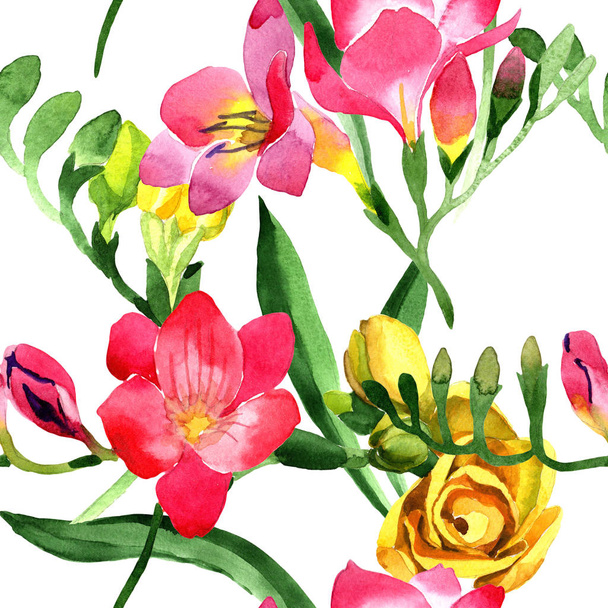 Színes freesia. Virágos botanikai virág. Varratmentes háttérben minta.  - Fotó, kép