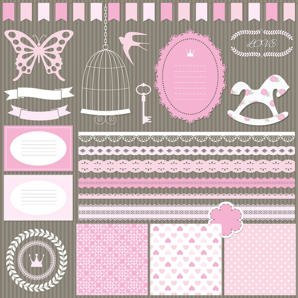 Cute scrapbook design elements set - frame, lace, ribbons and three romantic seamless patterns. - Διάνυσμα, εικόνα
