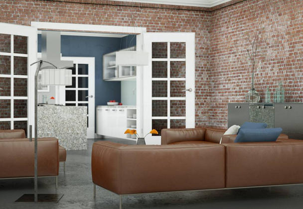 Salon moderne design intérieur avec canapés en cuir marron
 - Photo, image