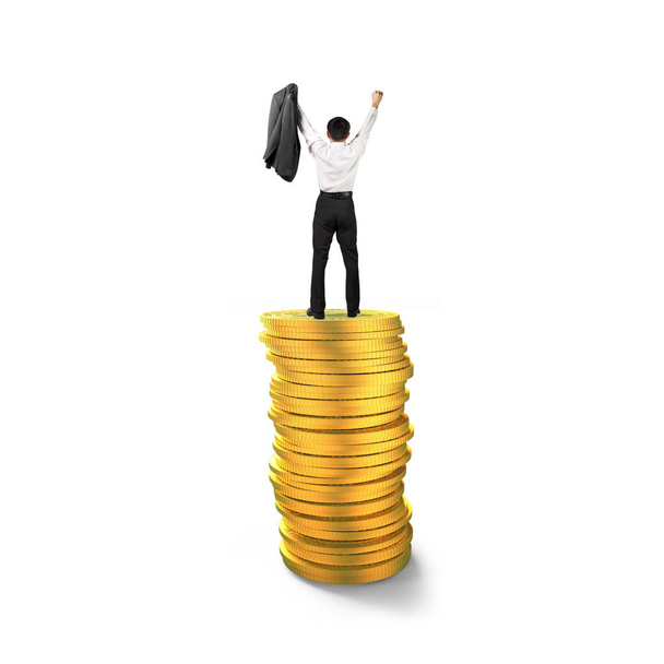 Vista posteriore di uomo d'affari in piedi e tifo sulla cima di monete d'oro pile, isolato su sfondo bianco, concetto di successo di crescita finanziaria delle imprese
. - Foto, immagini