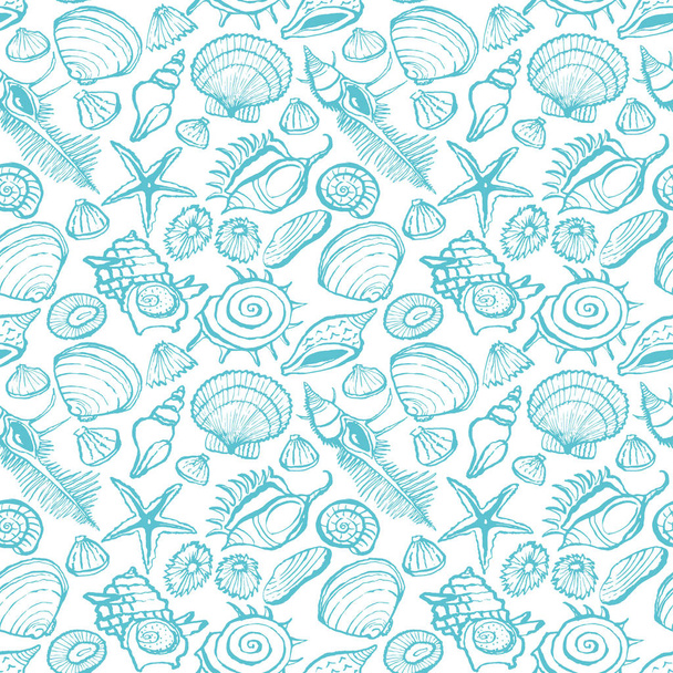 seamless pattern of various seashells. turquoise blue background. - Vetor, Imagem