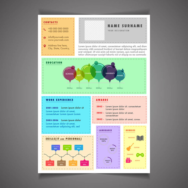 Infográficos modelo de currículo pode ser usado como papel timbrado ou carta de apresentação. Design CV profissional com espaço reservado
. - Vetor, Imagem