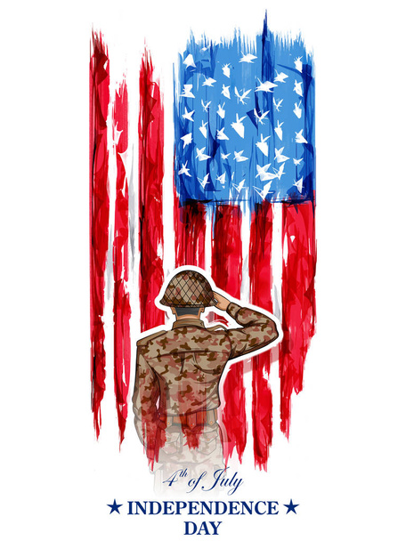 Żołnierz, pozdrawiając na tle czwartego lipca dla szczęśliwy dzień niepodległości Ameryki - Wektor, obraz