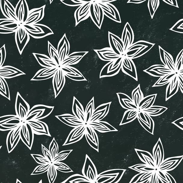 Black Board Background. Anise Star Seed Seamless Endless Pattern. Seasonal Food Background. Spice and Flavor Mulled Wine Cocktail Ingredient. Hand Drawn Illustration. Savoyar Doodle Style - Wektor, obraz