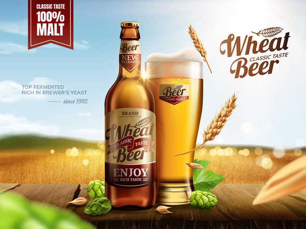 Attractive glass bottle wheat beer with hops on wooden table, bokeh golden wheat field in 3d illustration - Vetor, Imagem