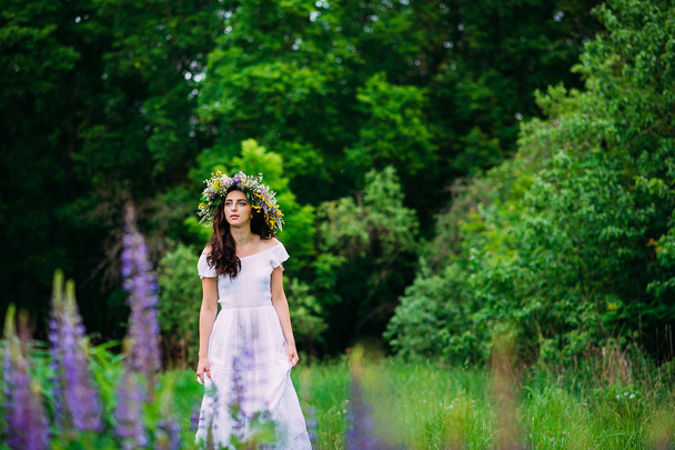 Kauneus tyttö ulkona nauttia luonnosta.Tyttö seppele luonnonvaraisten kukkien hänen päänsä kävelee pitkin polkua
. - Valokuva, kuva