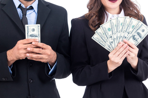 Empresários segurando dólares isolados no fundo branco
 - Foto, Imagem