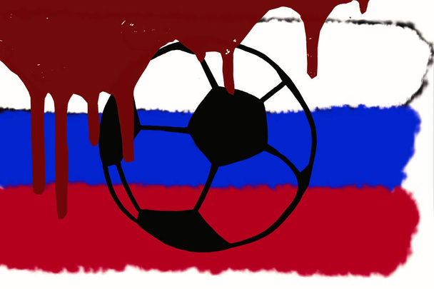 Boycot Football World cup in Rusland. Voetbal bal en Russische vlag met bloed van de slachtoffers van terrorisme en oorlogen, hand getekende eenvoudige illustratie. Bloedige Fifa kampioenschap voetbal - Foto, afbeelding