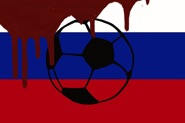 Copa do Mundo de Futebol Boicote na Rússia. Bola de futebol e bandeira russa com sangue de vítimas de terrorismo e guerras, desenhado à mão ilustração simples.Bloody Fifa Championship Soccer
 - Foto, Imagem