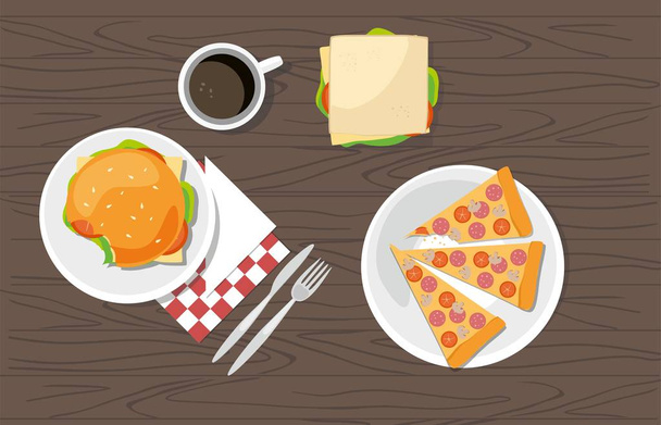 Hambúrguer, sanduíche, Pizza Pepperoni e xícara de café em mesa de madeira
 - Vetor, Imagem
