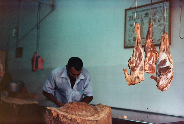 Sprzedawca mięsa koziego w: George Town, Penang, Malaysia - Zdjęcie, obraz