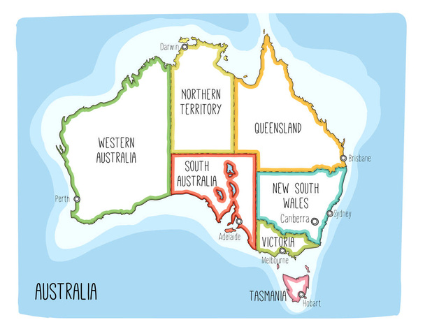 Avustralya vektör harita. Renkli kroki çizim bölgeler ve başkentler - Vektör, Görsel