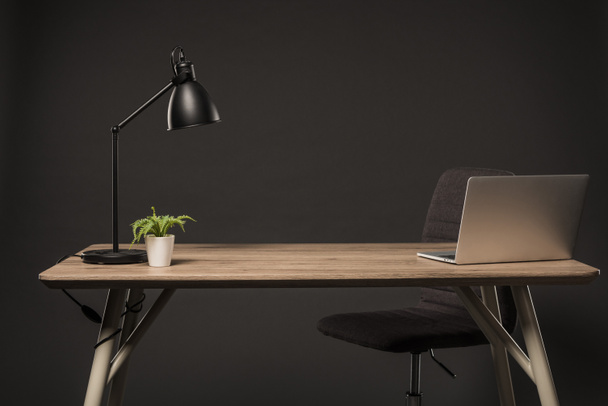 pohled ze židle a stůl s lampou, rostlin, knihu a notebook na šedém pozadí na plochu  - Fotografie, Obrázek