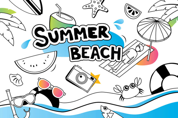 Summer doodle symbol and objects icon design for beach party background. Invitation hand drawn style. Use for labels, stickers, badges, poster, flyer, banner, illustration design. - Vector, Image