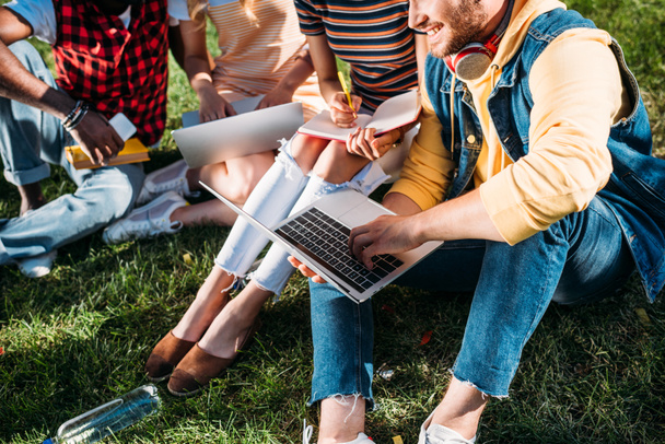 visão parcial de grupo interracial de estudantes com laptops e cadernos estudando no gramado verde juntos
 - Foto, Imagem