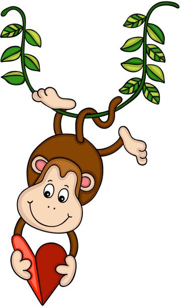 Hanging monkey holding a red heart - Vector, Imagen