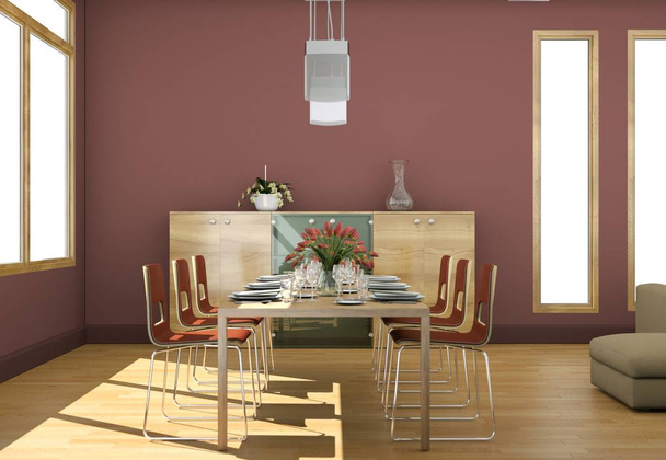 moderne helle Wohnzimmereinrichtung mit Sofas und roten Wänden - Foto, Bild