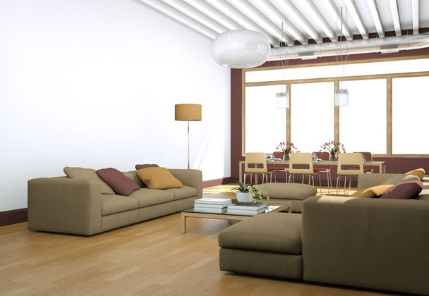 Modern, világos nappali lakberendezés, kanapékkal és vörös falak - Fotó, kép