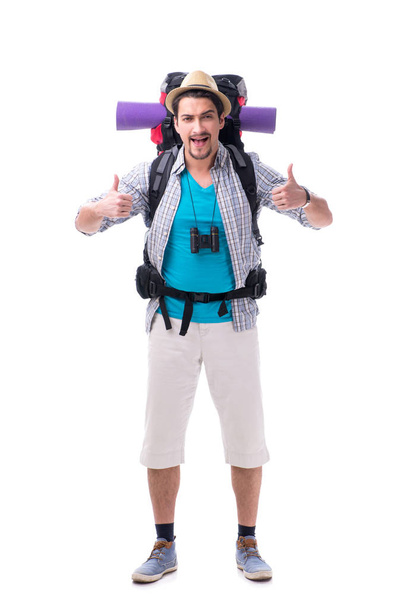 Backpacker with large backpack isolated on white - Φωτογραφία, εικόνα