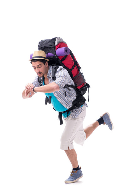 Backpacker with large backpack isolated on white - Fotoğraf, Görsel