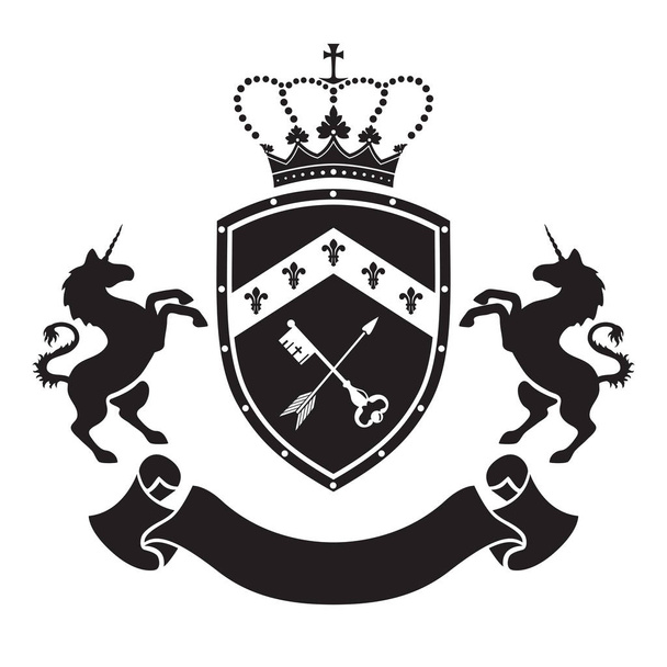 Wapenschild - schild met kroon, de toets en de pijl, twee staande eenhoorns aan zijkanten. Gebaseerd op en geïnspireerd door oude heraldiek. - Vector, afbeelding