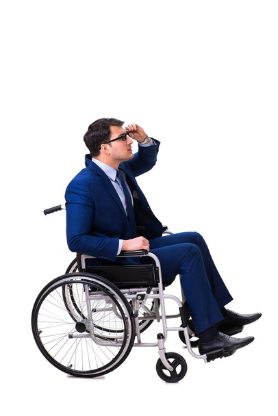 Homme d'affaires avec fauteuil roulant isolé sur fond blanc
 - Photo, image