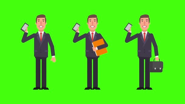 Businessman holding mobile phone folder and suitcase. Alpha channel. Motion graphics. Animation video. - Footage, Video