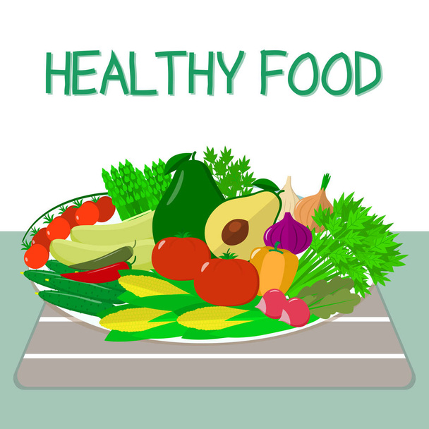 A set of fresh, organic vegetables on a white plate on a table with a striped napkin. Healthy food. - Vector, afbeelding