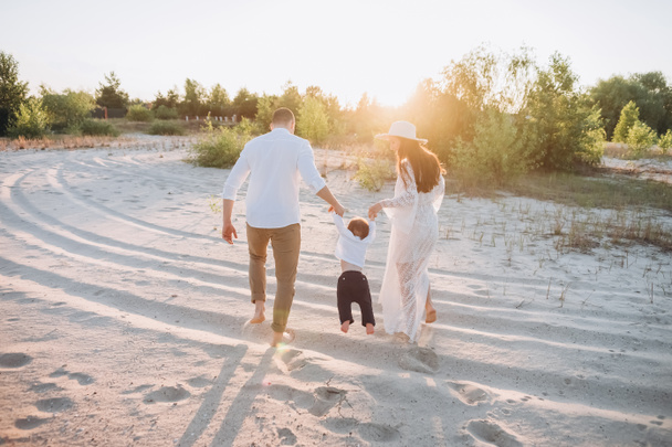 vista trasera de la familia feliz tomados de la mano y caminando con el bebé en la playa
 - Foto, imagen