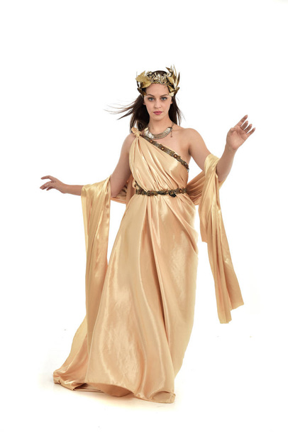 full length portrait of brunette woman wearing gold grecian gown, standing pose. isolated on white studio background. - 写真・画像