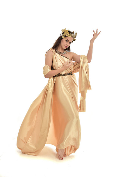 full length portrait of brunette woman wearing gold grecian gown, standing pose. isolated on white studio background. - Фото, изображение