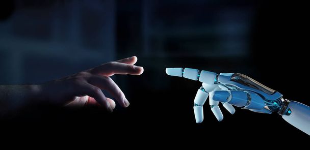 White cyborg finger about to touch human finger on dark background 3D rendering - Foto, immagini