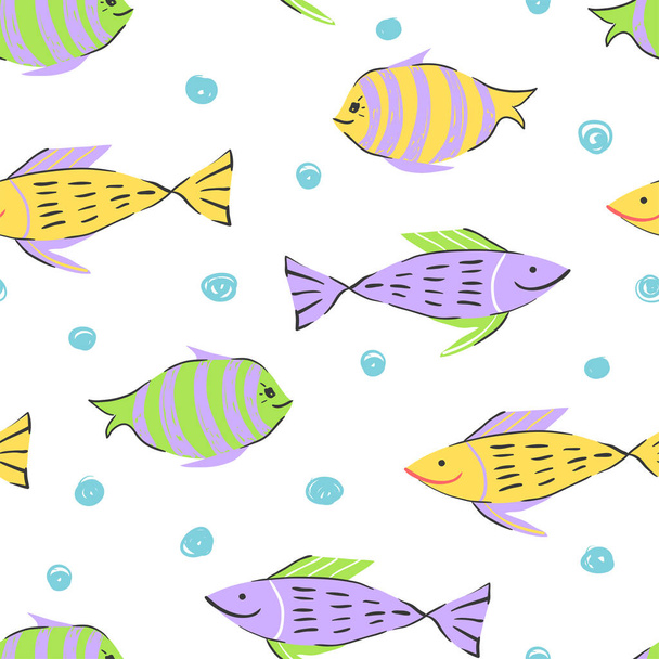 Fish simple sketh drawn by hand seamless pattern in cartoon style. For wallpapers, web background, textile, wrapping, fabric, kids design - Vector, imagen