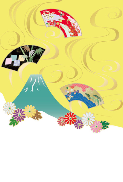 Illustration of Japanese traditional patterns and Mt. Fuji and ohgi - Vector, Image