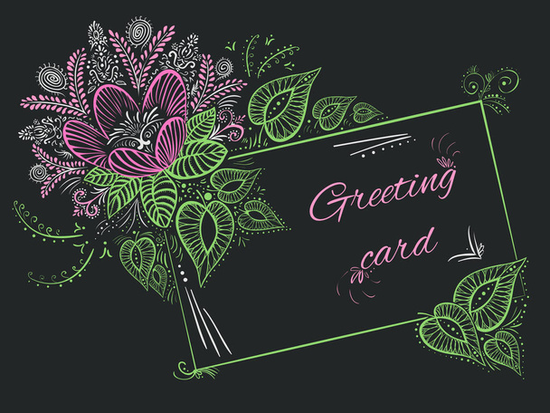 Vector elegant greeting card  decor  pink flower and green leaves - Vector, Image