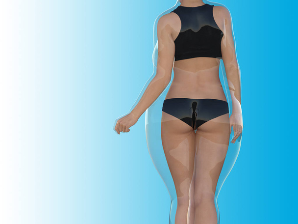 Концептуальний жир надмірної ваги жіночої статі проти тонкої пристосованості здорового тіла після втрати ваги або дієти з м'язами тонкої молодої жінки на синьому. Фітнес, харчування або ожиріння ожиріння, форма здоров'я 3D ілюстрація
 - Фото, зображення