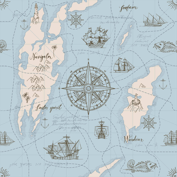 Vector abstract seamless background on the theme of travel, adventure and discovery. Old hand drawn map with vintage sailing yachts, wind rose, routs, nautical symbols and handwritten inscriptions - Vektor, obrázek