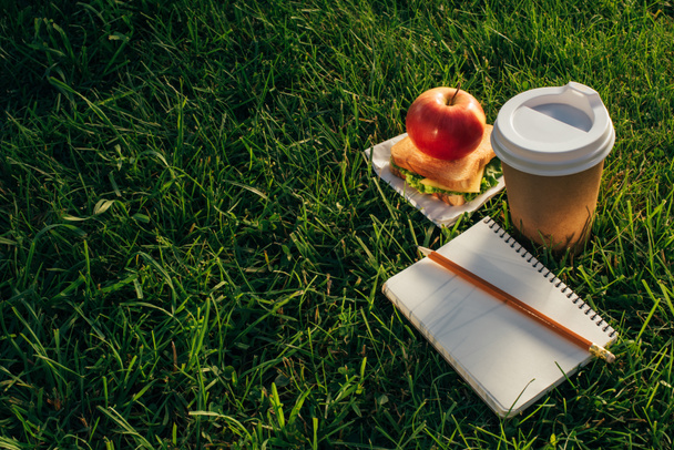 close up view of coffee to go, sandwich, apple and notebook on green grass - Valokuva, kuva