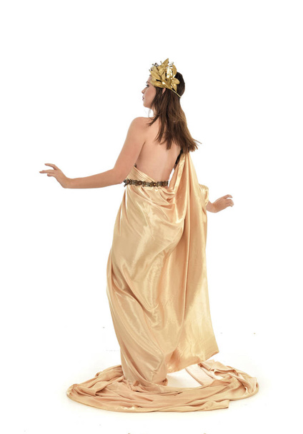 täyspitkä muotokuva brunette nainen yllään kulta kreikkalainen puku, seisoo aiheuttaa. eristetty valkoisella studiolla tausta
. - Valokuva, kuva