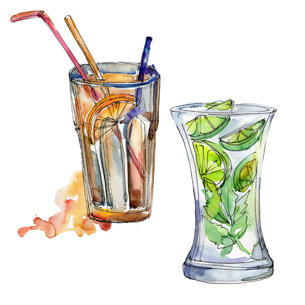 Cuba Libre en Mojito bar partij cocktail drinken. Nachtclub geïsoleerde pictogram schets tekening. Aquarelle cocktail drinken afbeelding voor de achtergrond, textuur, wrapper patroon, frame of rand. - Foto, afbeelding