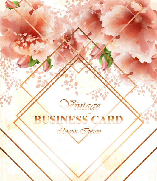 Tarjeta de visita con hermosas flores rosadas delicadas. Marcos abstractos de oro tarjetas elegantes
 - Vector, imagen