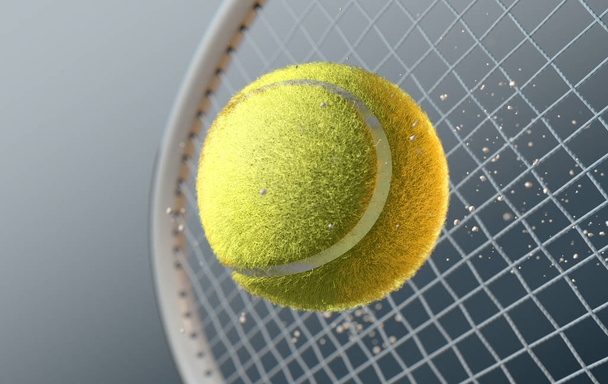 An extreme closeup slow motion action capture of a tennis ball striking a racquet with dirt particles emanating on a dark isolated background - 3D rende - Foto, Bild