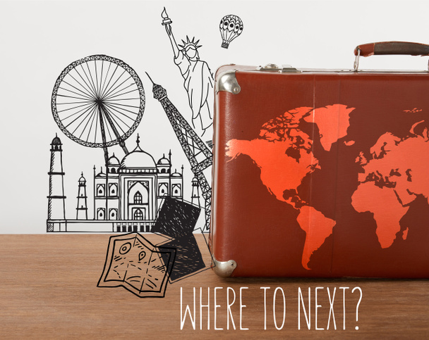 Brown vintage suitcase with map and travel illustrations - Φωτογραφία, εικόνα