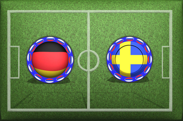 Ποδόσφαιρο, Μουντιάλ 2018, παιχνίδι Group F, Γερμανία, Σουηδία, Σάββατο, 23 Ιουνίου, το κουμπί με εθνικές σημαίες στο πράσινο γρασίδι. - Φωτογραφία, εικόνα