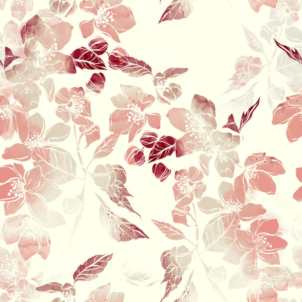 watercolour and digital hand drawn picture of imprints flowering plum flowers and leaves  - Foto, afbeelding