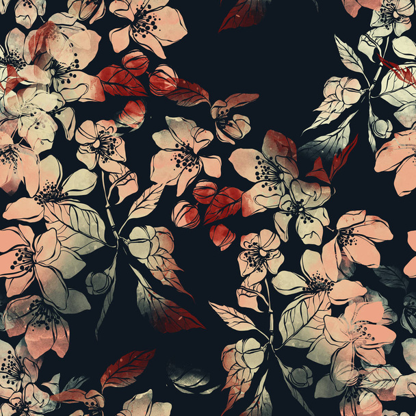 seamless pattern with imprints flowering plum flowers and leaves  - Foto, afbeelding