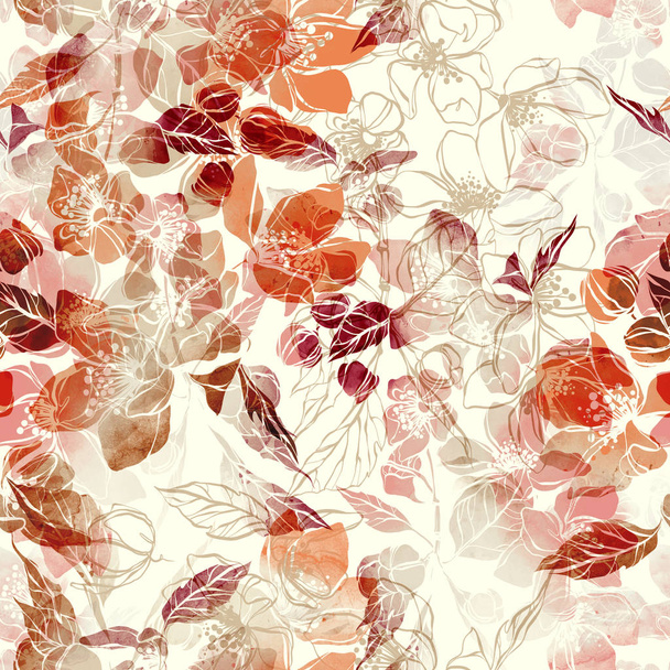 seamless pattern with imprints flowering plum flowers and leaves  - 写真・画像