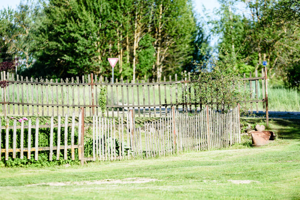vroege ochtend in de tuin van het platteland met oude houten hek en de zon stralen in de zomer - Foto, afbeelding